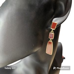 Gold and Red Geometric Dangle Stud Earrings NWT